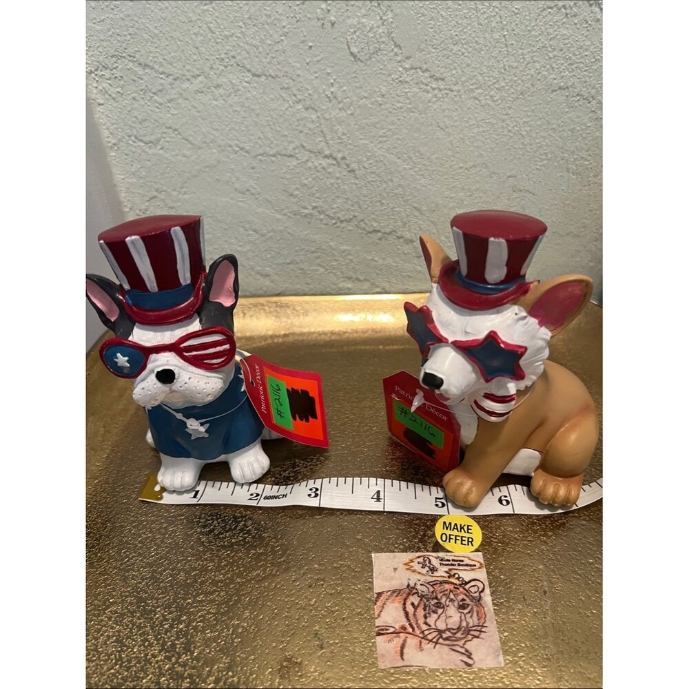 #2116**Patriotic Corgi & Frenchie Figurine Set - Red White Blue